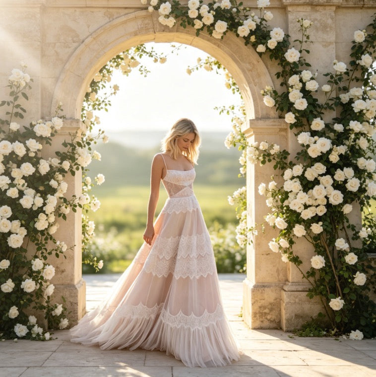 Exquisites Maxikleid in Weiß mit Lagen-Spitze, Spaghettiträgern und weiter A-Linie