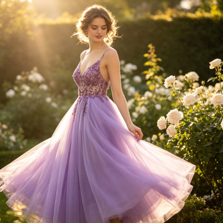 Traumhaftes Abendkleid in Lavendel-Lila mit glitzernden Steinen und Tüllrock
