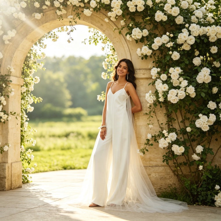 Moderner Jumpsuit in Weiß mit V-Ausschnitt, weitem Bein und elegantem Tüll-Overlay