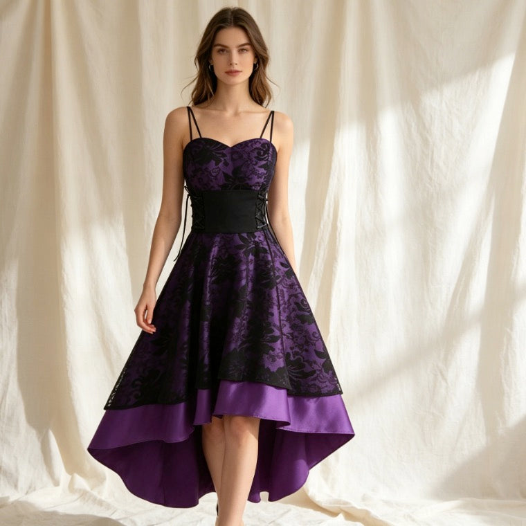 Gothic Cocktailkleid in Lila-Schwarz mit Herz-Ausschnitt und Vokuhila-Spitzenrock
