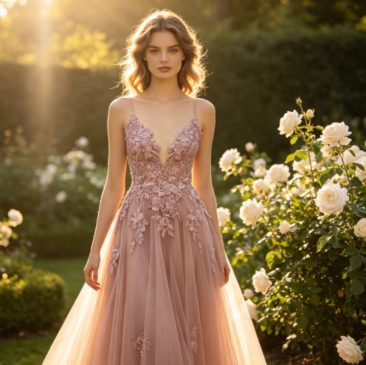 Elegantes Abendkleid in Dusty Rose mit floraler Pailletten-Spitze und V-Ausschnitt