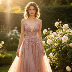 Elegantes Abendkleid in Dusty Rose mit floraler Pailletten-Spitze und V-Ausschnitt