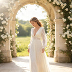 Elegantes Maxikleid in Weiß mit tiefem V-Ausschnitt, Boho-Spitze und weiten Ärmeln