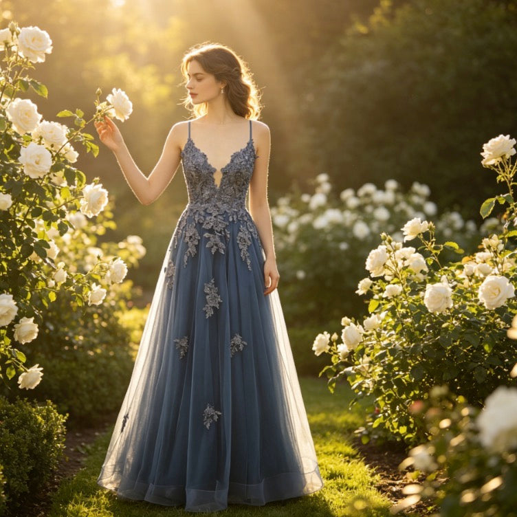 Glamouröses Abendkleid in Dusty Blue mit glitzernder Spitze und tiefem V-Ausschnitt