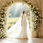 Elegantes Maxikleid in Elfenbein mit floraler Spitze, V-Ausschnitt und weiter A-Linie