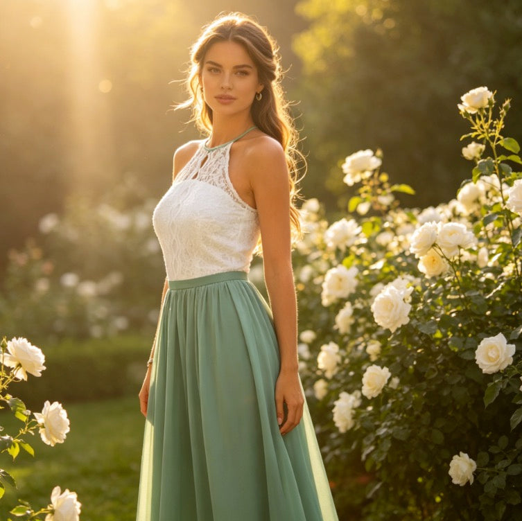 Elegantes Abendkleid in Salbeigrün und Weiß mit Neckholder und floraler Spitze