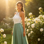Elegantes Abendkleid in Salbeigrün und Weiß mit Neckholder und floraler Spitze