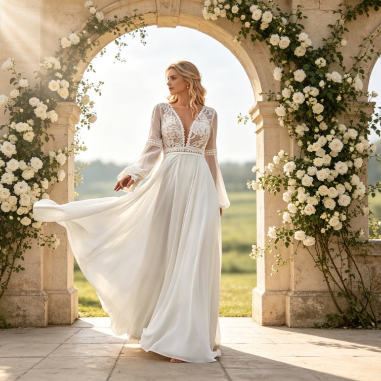 Modernes zweiteiliges A-Linie Maxikleid in Weiß mit Langarm-Top und floralem Rock