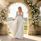 Modernes zweiteiliges A-Linie Maxikleid in Weiß mit Langarm-Top und floralem Rock