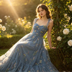 Verträumtes Abendkleid in Staublau mit bunten Blütenstickereien und Tüll-Lagen