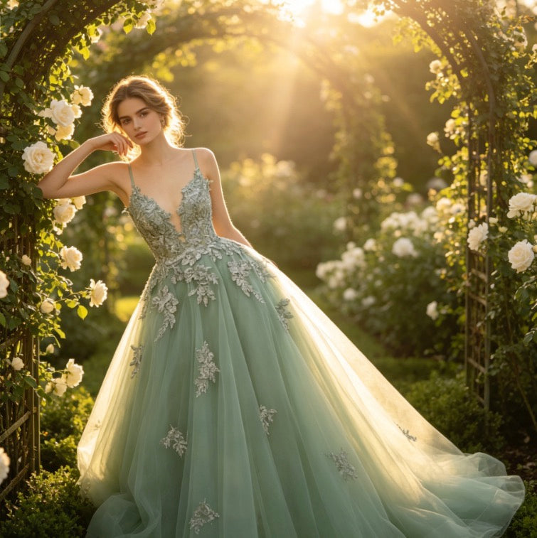 Elegantes Abendkleid in Salbeigrün mit glitzernder Spitze und tiefem V-Ausschnitt