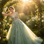 Elegantes Abendkleid in Salbeigrün mit glitzernder Spitze und tiefem V-Ausschnitt