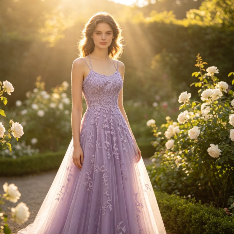 Romantisches Abendkleid in Flieder mit floraler Spitze und glitzernden Pailletten