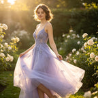 Luxuriöses Abendkleid in Flieder mit Pailletten-Spitze und tiefem V-Ausschnitt