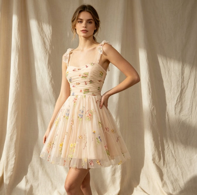 Romantisches Cocktailkleid in Apricot mit Herz-Ausschnitt, bunter Blumenstickerei und A-Linie