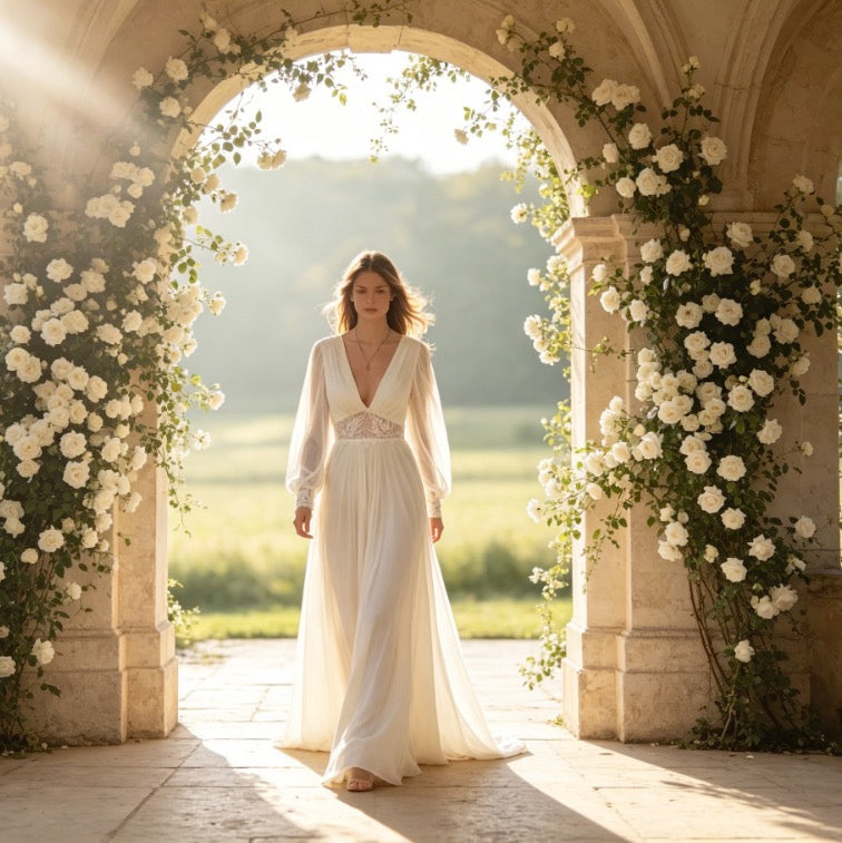 Elegantes Maxikleid in Weiß mit tiefem V-Ausschnitt, Boho-Spitze und weiten Ärmeln