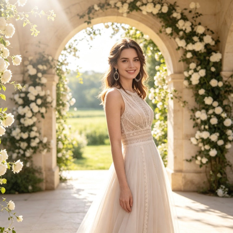 Edles Maxikleid in Elfenbein mit Boho-Spitze, Rundhals und fließender A-Linie