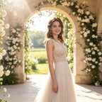 Edles Maxikleid in Elfenbein mit Boho-Spitze, Rundhals und fließender A-Linie