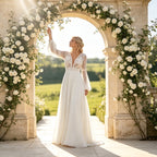 Modernes zweiteiliges A-Linie Maxikleid in Weiß mit Langarm-Top und floralem Rock