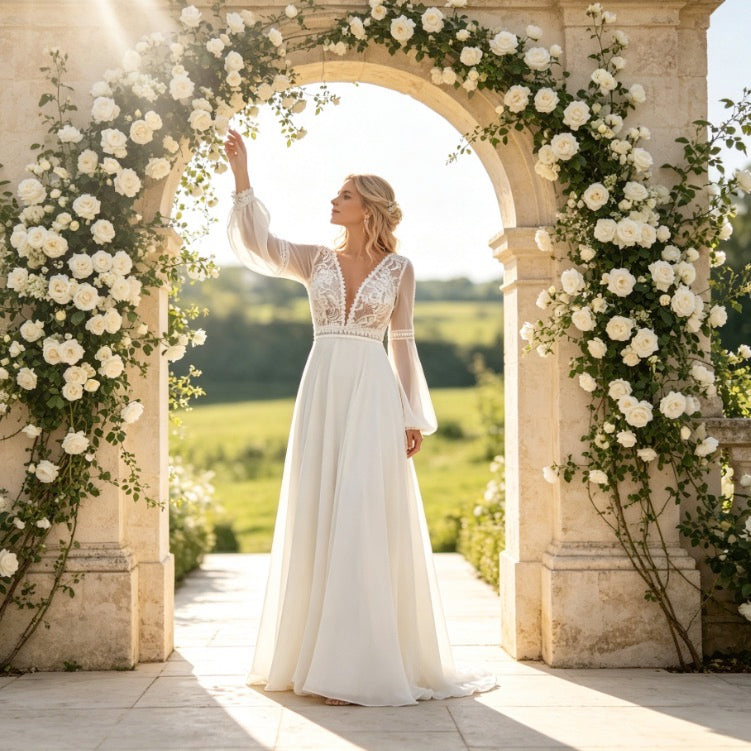Modernes zweiteiliges A-Linie Maxikleid in Weiß mit Langarm-Top und floralem Rock
