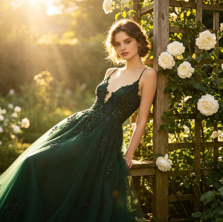 Luxuriöses Abendkleid in Dunkelgrün mit Pailletten, Spitze und tiefem V-Ausschnitt