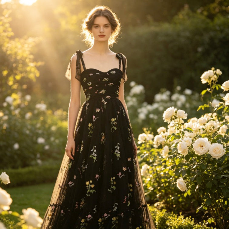 Elegantes schwarzes Abendkleid mit bunten Blumenstickereien und gestuftem Tüllrock