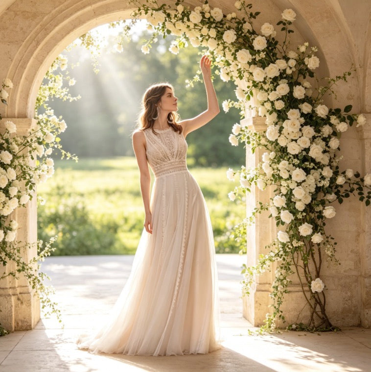 Edles Maxikleid in Elfenbein mit Boho-Spitze, Rundhals und fließender A-Linie