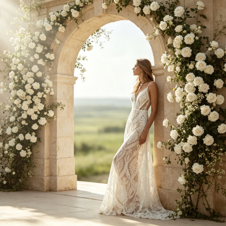 Elegantes Maxikleid in Weiß mit Boho-Spitze, V-Ausschnitt und fließender Meerjungfrau-Form
