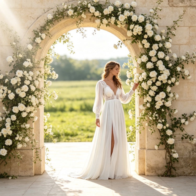 Edles A-Linie Maxikleid in Weiß mit Spitzen-Dekolleté, V-Ausschnitt und Chiffon-Rock
