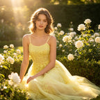 Strahlendes Abendkleid in Gelb mit floraler Spitze und glitzernden Pailletten