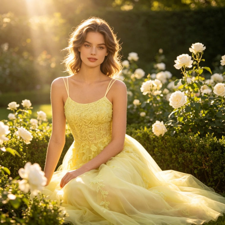 Strahlendes Abendkleid in Gelb mit floraler Spitze und glitzernden Pailletten