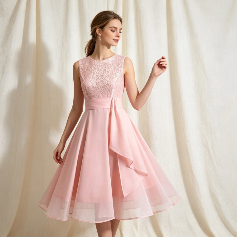 Romantisches Cocktailkleid in Rosa mit Rundhalsausschnitt, Spitze und A-Linie-Schnitt