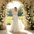 Edles Maxikleid in Elfenbein mit floraler Spitze, U-Boot-Ausschnitt und langer A-Linie