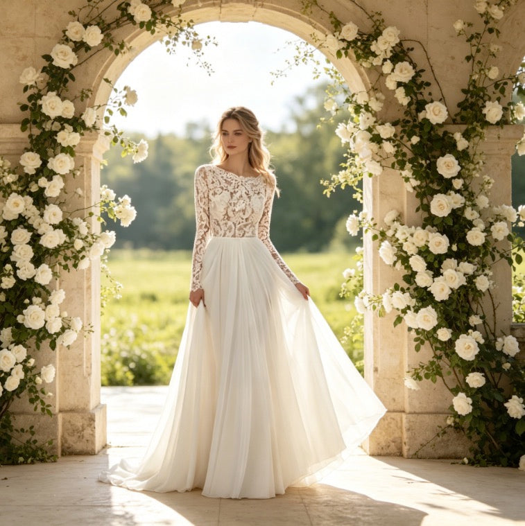 Edles Maxikleid in Elfenbein mit floraler Spitze, U-Boot-Ausschnitt und langer A-Linie