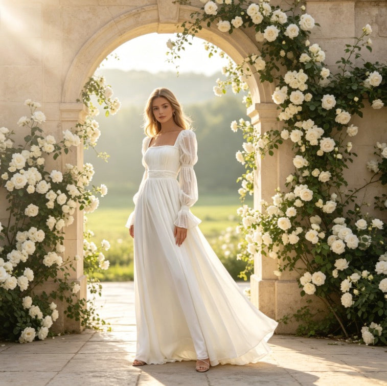 Elegantes Maxikleid in Elfenbein mit Karree-Ausschnitt, Ballonärmeln und Boho-Design