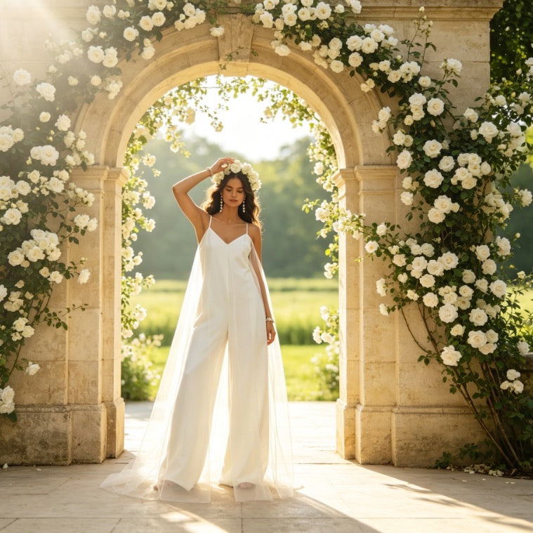 Moderner Jumpsuit in Weiß mit V-Ausschnitt, weitem Bein und elegantem Tüll-Overlay