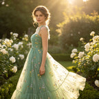 Zauberhaftes Abendkleid in Salbeigrün mit bunter Blumenstickerei und Tüll