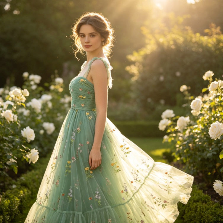 Zauberhaftes Abendkleid in Salbeigrün mit bunter Blumenstickerei und Tüll