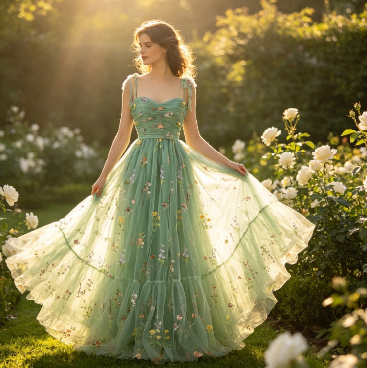 Zauberhaftes Abendkleid in Salbeigrün mit bunter Blumenstickerei und Tüll