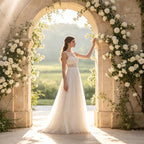 Edles Maxikleid in Elfenbein mit Boho-Spitze, Rundhals und fließender A-Linie