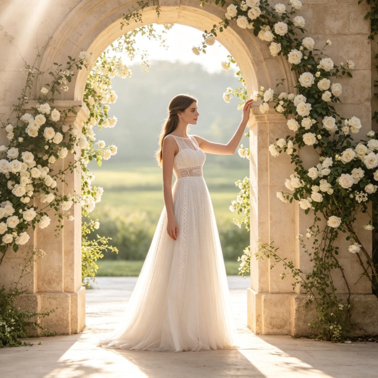 Edles Maxikleid in Elfenbein mit Boho-Spitze, Rundhals und fließender A-Linie