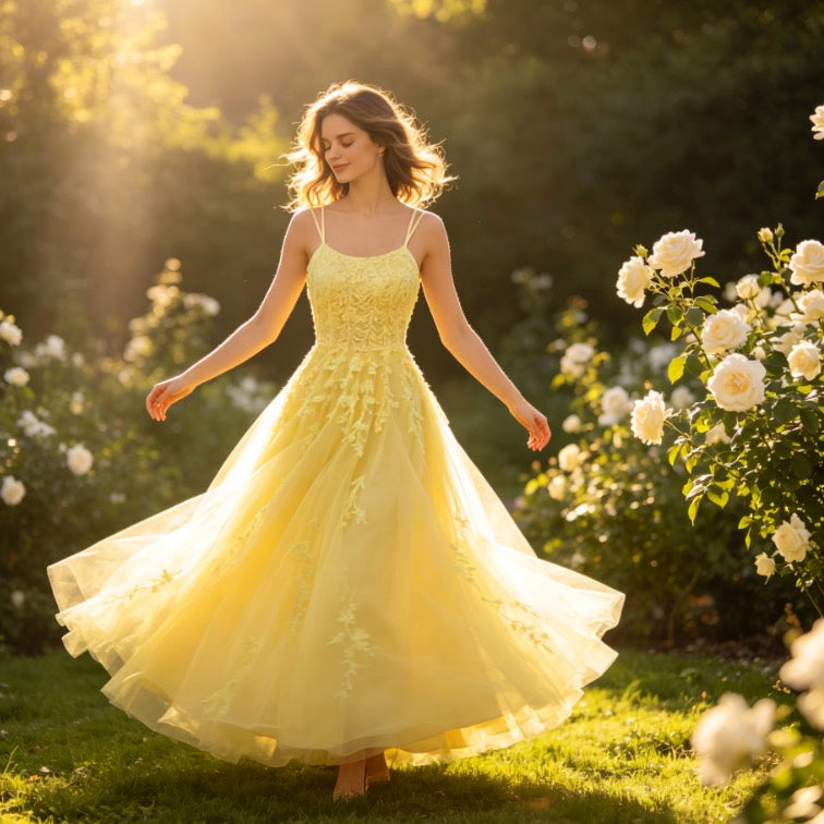 Strahlendes Abendkleid in Gelb mit floraler Spitze und glitzernden Pailletten