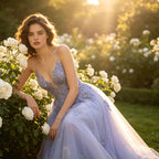 Luxuriöses Abendkleid in Flieder mit Pailletten-Spitze und tiefem V-Ausschnitt