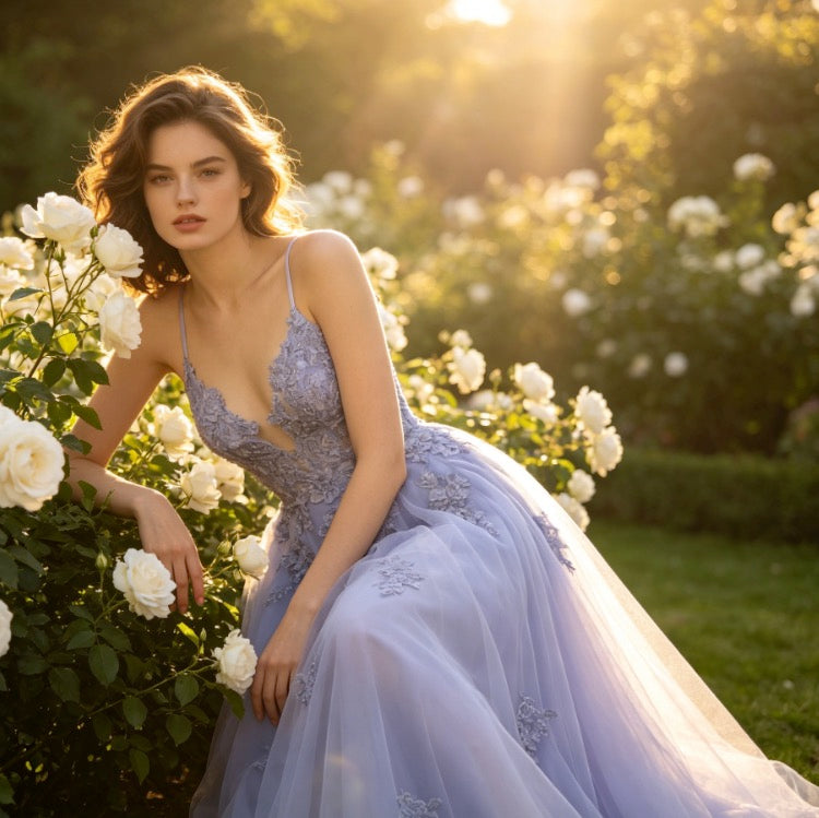 Luxuriöses Abendkleid in Flieder mit Pailletten-Spitze und tiefem V-Ausschnitt