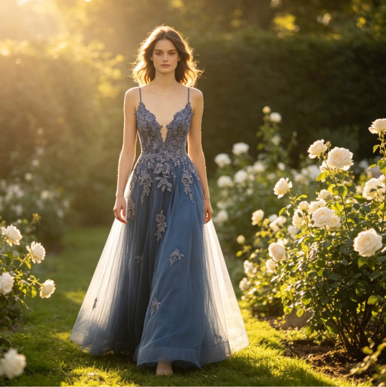 Glamouröses Abendkleid in Dusty Blue mit glitzernder Spitze und tiefem V-Ausschnitt