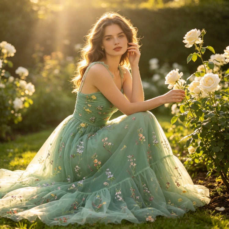 Zauberhaftes Abendkleid in Salbeigrün mit bunter Blumenstickerei und Tüll
