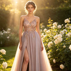 Luxuriöses Abendkleid in Champagner-Gold mit tiefem V-Ausschnitt und Glitzer-Effekt