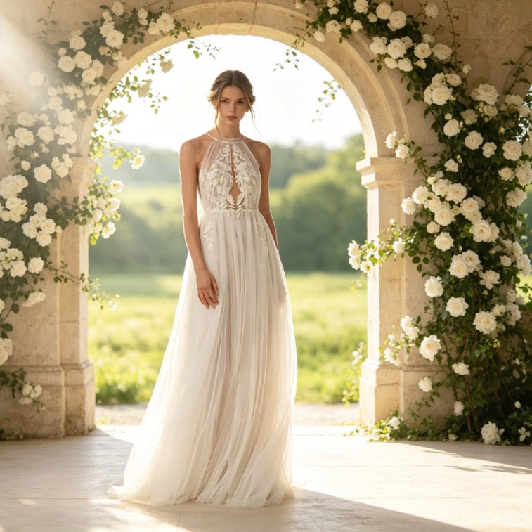 Elegantes Maxikleid in Elfenbein mit floraler Stickerei, Neckholder und A-Linie