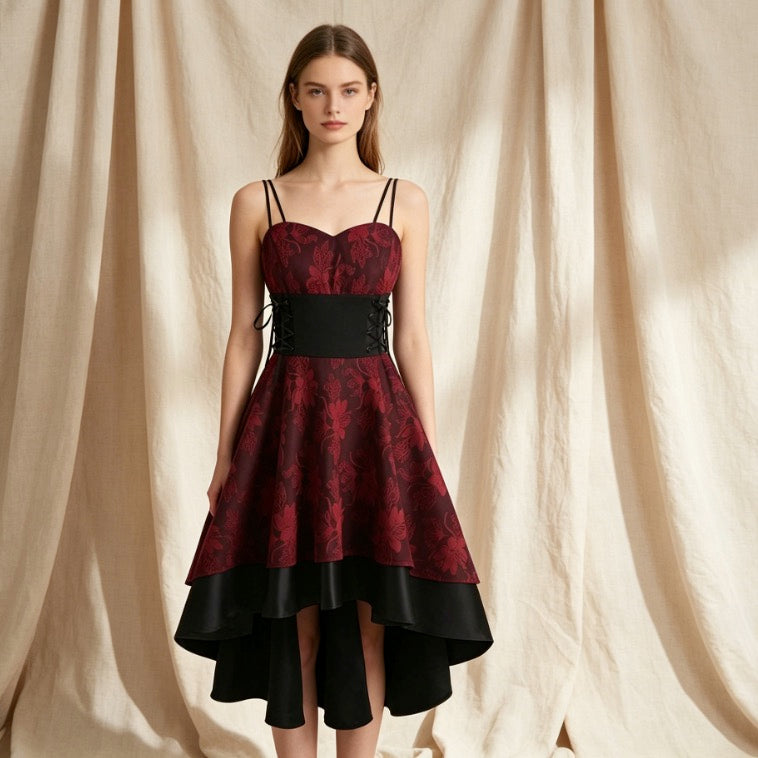 Gothic Cocktailkleid in Rot-Schwarz mit Herz-Ausschnitt und Vokuhila-Lagenrock
