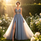 Luxuriöses Abendkleid in Graublau mit handbesetzten Kristallen und hohem Beinschlitz